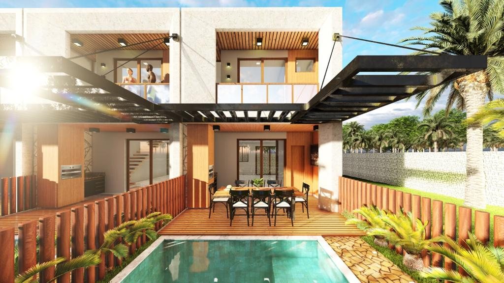 Área gourmet com piscina privativa e deck de madeira